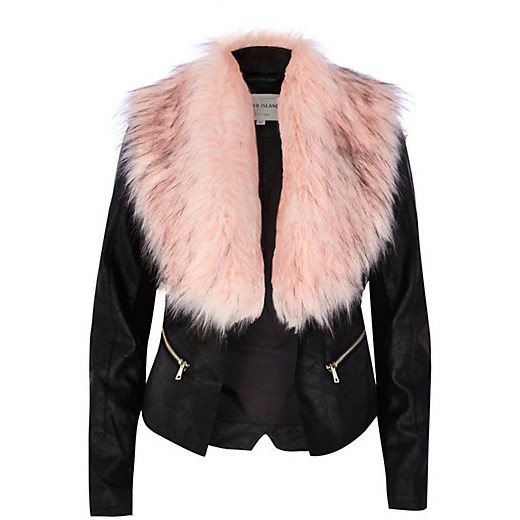 Black leather-look faux fur collar jacket river-island rozowy kurtki
