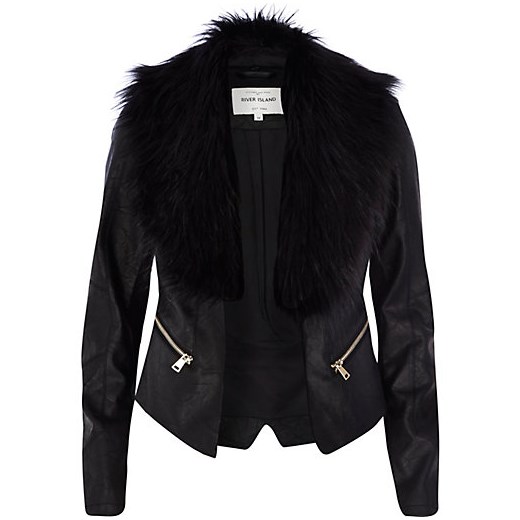 Black leather look faux fur collar jacket river-island czarny kurtki