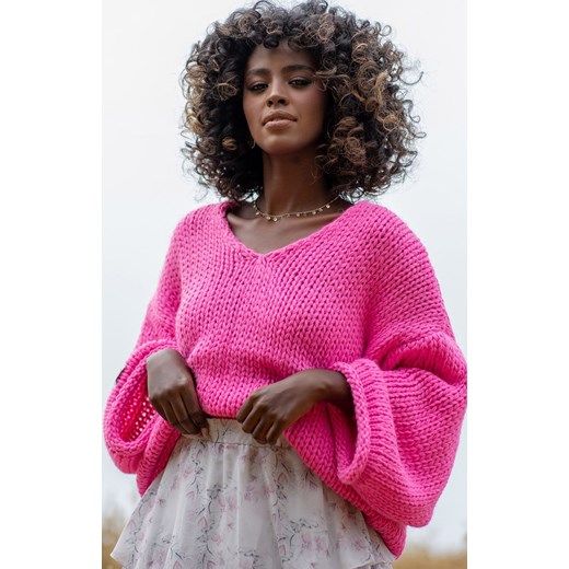 Sweter damski z wełną i alpaką różowy Chunky Knit F1258, Kolor różowy, Rozmiar XS/S, Fobya ze sklepu Primodo w kategorii Swetry damskie - zdjęcie 147301595