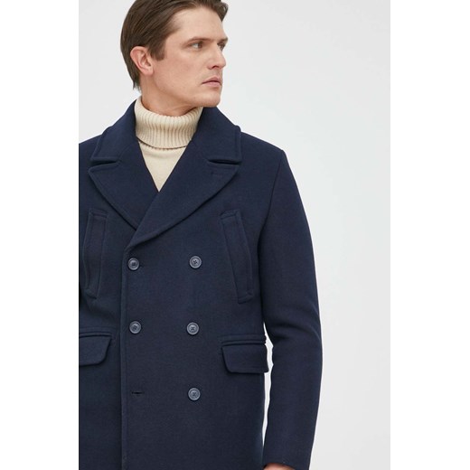 Selected Homme płaszcz z domieszką wełny kolor granatowy przejściowy dwurzędowy Selected Homme L ANSWEAR.com