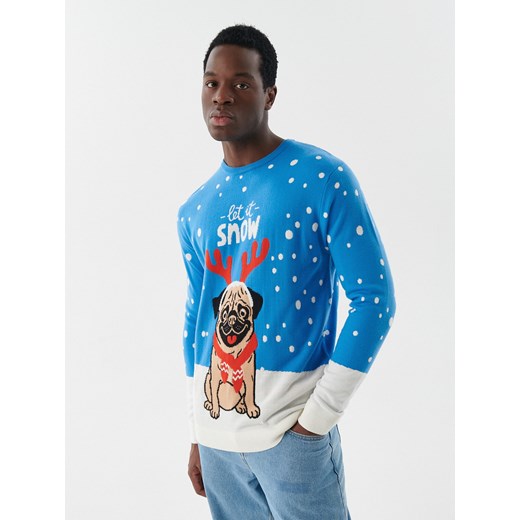 Cropp - Świąteczny sweter z mopsem - Niebieski Cropp M Cropp