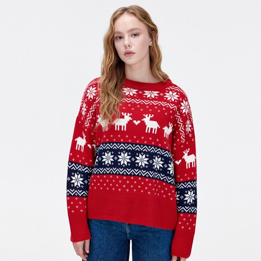 Cropp - Świąteczny sweter ze skandynawskim wzorem - Bordowy Cropp M Cropp