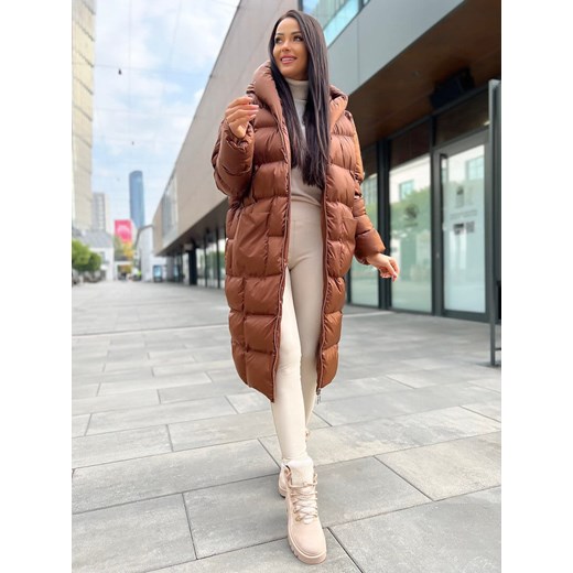 Brązowa Długa Kurtka Modnakiecka.pl Uniwersalny ModnaKiecka.pl