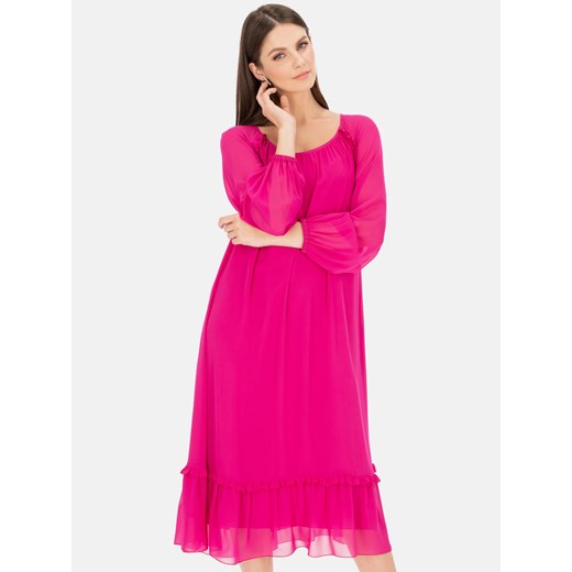 Potis & Verso sukienka midi różowa z długim rękawem 
