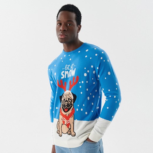 Cropp - Świąteczny sweter z mopsem - Niebieski Cropp L Cropp