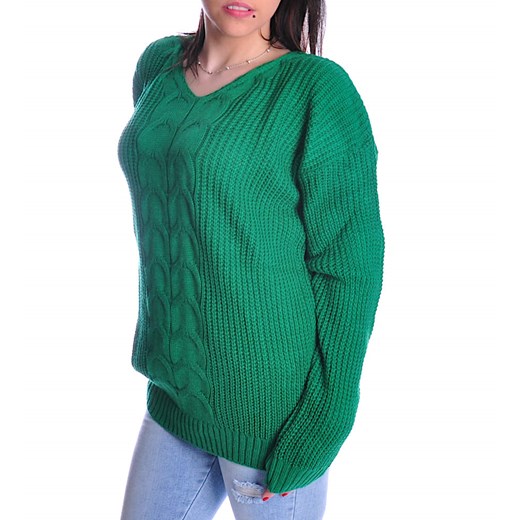 Owersizowy zielony sweter damski z podwójnym wzorem /A3-1 UB375 U107/ one size Pantofelek24.pl Jacek Włodarczyk okazja