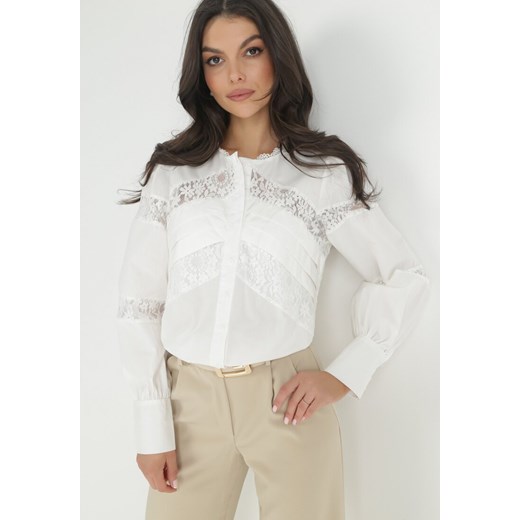 Biała Koszula Zapinana z Koronką i Bawełniana Salere ze sklepu Born2be Odzież w kategorii Koszule damskie - zdjęcie 147984625