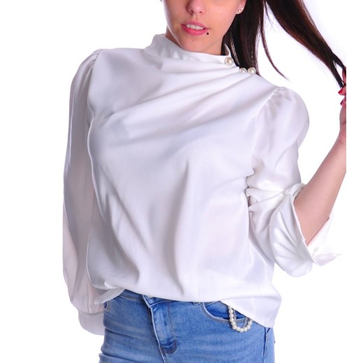 Biała bluzka damska z perełkami /H UB319 T577/ ze sklepu Pantofelek24.pl w kategorii Bluzki damskie - zdjęcie 147998045