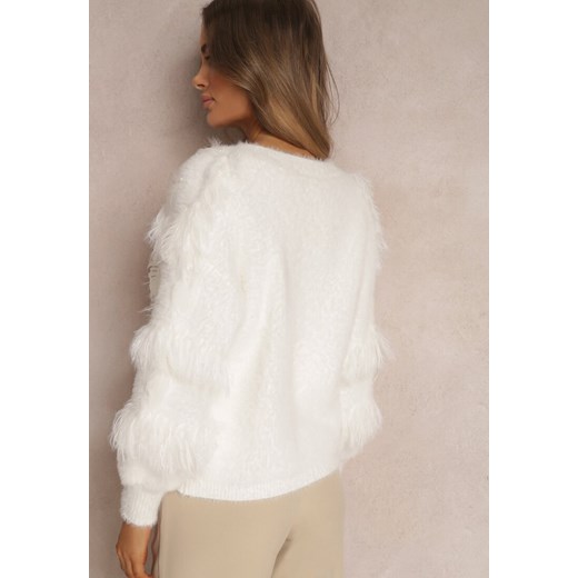 Biały Kardigan z Wiskozy i Piórami Rosein ze sklepu Renee odzież w kategorii Swetry damskie - zdjęcie 148012288