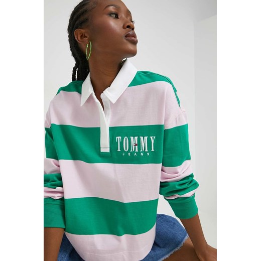 Tommy Jeans longsleeve bawełniany kolor zielony z kołnierzykiem Tommy Jeans L ANSWEAR.com