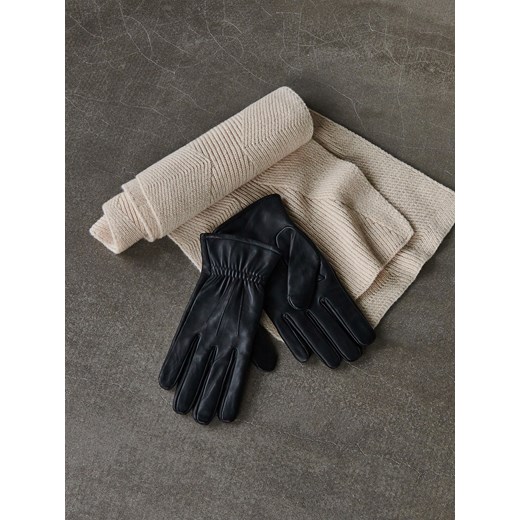 Reserved - Skórzane rękawiczki z marszczeniem - Czarny Reserved L Reserved