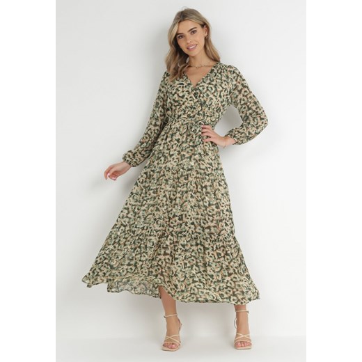 Zielona Sukienka z Kopertowym Dekoltem w Cętki Conneie ze sklepu Born2be Odzież w kategorii Sukienki - zdjęcie 148347956
