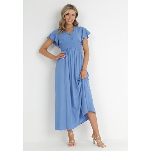 Niebieska Kopertowa Sukienka z Wiskozy z Gumką w Pasie Neroni ze sklepu Born2be Odzież w kategorii Sukienki - zdjęcie 148455828