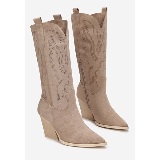 Ciemnobeżowe Kozaki Kowbojki z Haftem na Stożkowym Obcasie Iheash 36 promocyjna cena born2be.pl