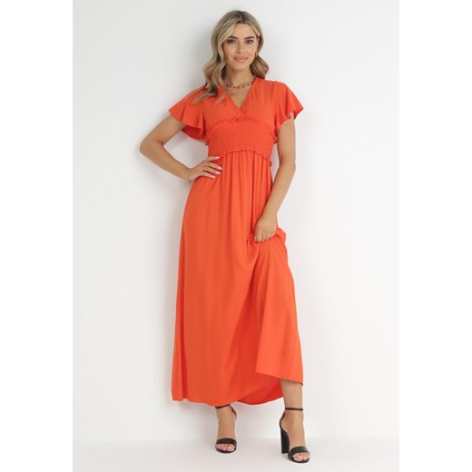Pomarańczowa Kopertowa Sukienka z Wiskozy z Gumką w Pasie Neroni ze sklepu Born2be Odzież w kategorii Sukienki - zdjęcie 148472805
