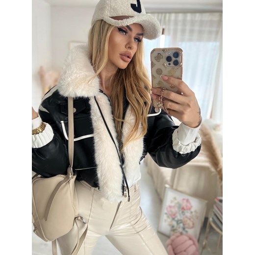 Kurtka bomberka czarna z ecru futerkiem i ozdobnymi paskami W352 Softly S/36 Charlotte Fashion