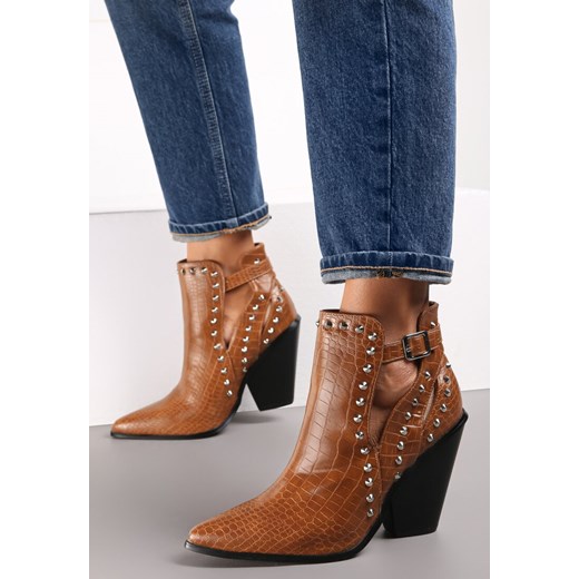Brązowe Botki Kowbojki z Ćwiekami i Szpiczastym Noskiem Aminata Renee 36 okazja renee.pl