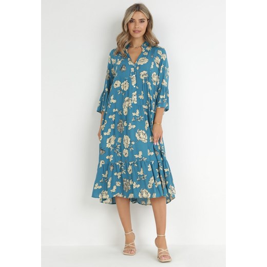 Niebieska Sukienka Rozkloszowana z Falbankami Drirva ze sklepu Born2be Odzież w kategorii Sukienki - zdjęcie 148614836