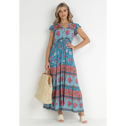Niebieska Sukienka Maxi z Wiskozy w Stylu Boho Larres S okazja Born2be Odzież