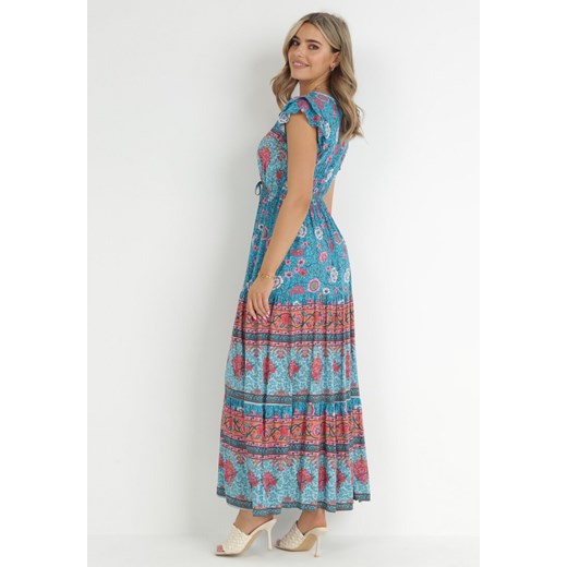 Niebieska Sukienka Maxi z Wiskozy w Stylu Boho Larres S okazja Born2be Odzież
