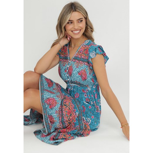 Niebieska Sukienka Maxi z Wiskozy w Stylu Boho Larres M wyprzedaż Born2be Odzież