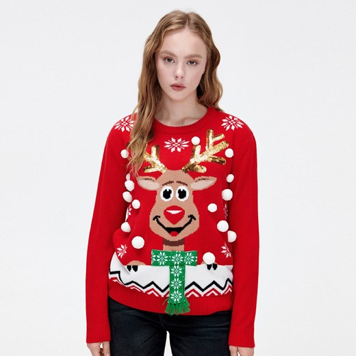 Cropp - Czerwony sweter świąteczny z reniferem - Czerwony Cropp S promocja Cropp