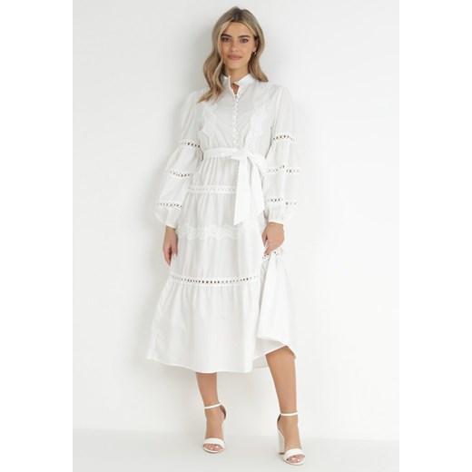 Biała Rozkloszowana Sukienka z Ażurowymi Wstawkami Palovi ze sklepu Born2be Odzież w kategorii Sukienki - zdjęcie 149064566