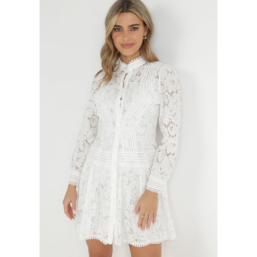 Biała Koszulowa Sukienka z Koronką Jolley ze sklepu Born2be Odzież w kategorii Sukienki - zdjęcie 149064626