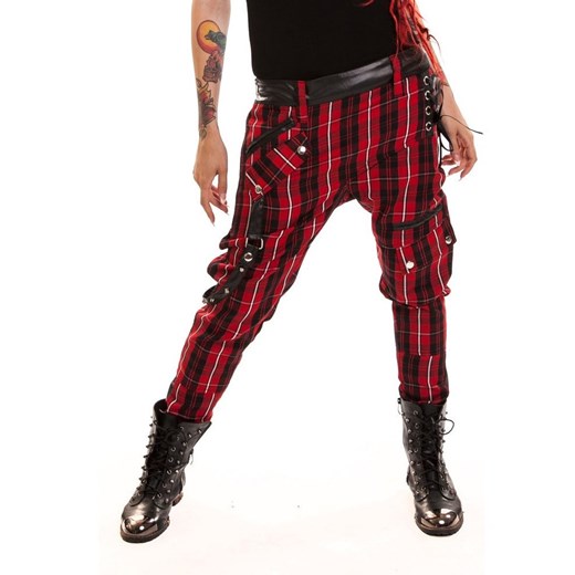 Spodnie w kratę, z szelkami i skórzanymi wstawkami - CHEMICAL PANTS rockzone-pl czerwony Spodnie