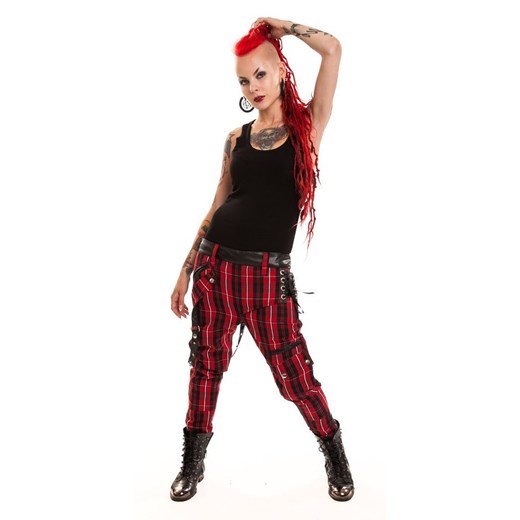 Spodnie w kratę, z szelkami i skórzanymi wstawkami - CHEMICAL PANTS rockzone-pl czerwony Szelki
