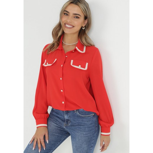 Czerwona Koszula z Biżuteryjnymi Guzikami i Eleganckimi Lamówkami Athehir ze sklepu Born2be Odzież w kategorii Koszule damskie - zdjęcie 149160309