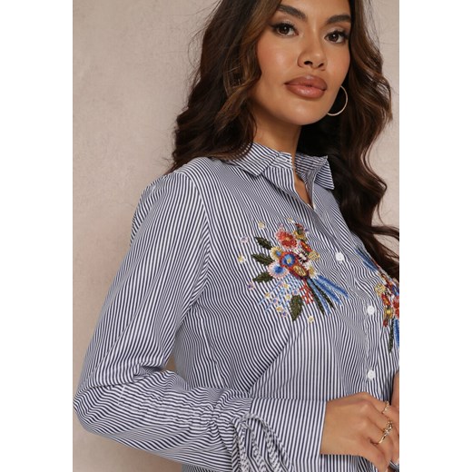 Niebieska Koszula z Wiązanymi Rękawami i Haftowanymi Kwiatami Kasra Renee M okazyjna cena Renee odzież