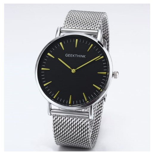 Zegarek premium GeekThink na srebrnej bransolecie - czarna tarcza - złote Geekthink promocja niwatch.pl