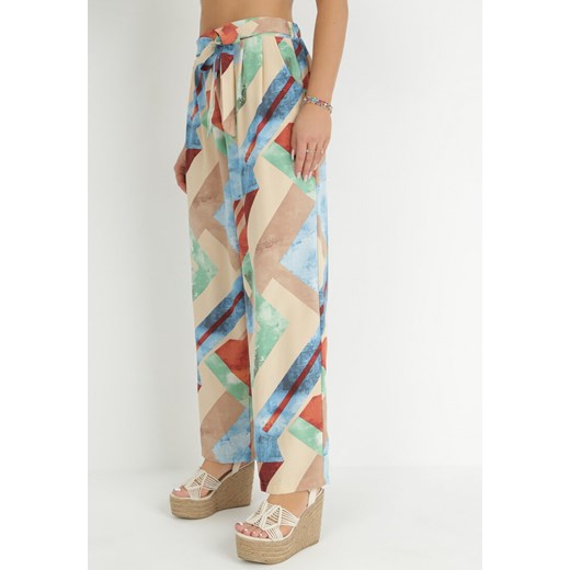 Beżowe Szerokie Spodnie z Gumką i Wiązaniem w Pasie Narias ze sklepu Born2be Odzież w kategorii Spodnie damskie - zdjęcie 149275507