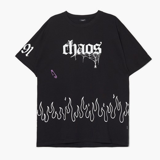 Cropp - Czarna koszulka oversize z motywem płomieni - czarny ze sklepu Cropp w kategorii T-shirty męskie - zdjęcie 149321089