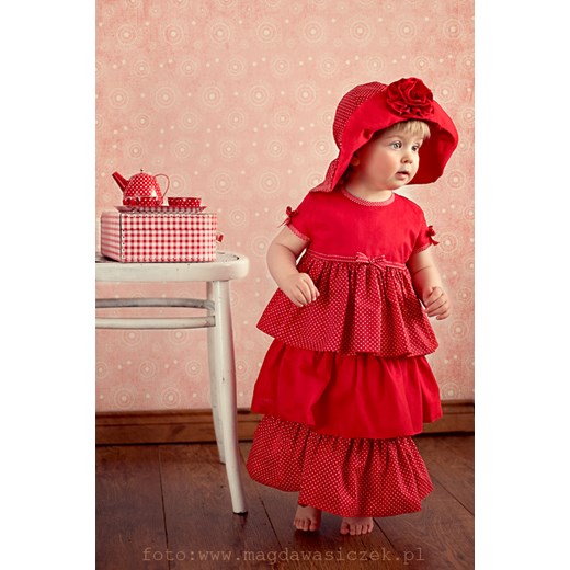 Sukienka Pąsowa z kapeluszem, OLLI buy4kids czerwony groszki