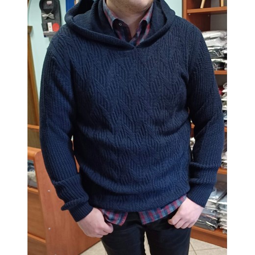 Sweter męski granatowy z kapturem, premium wełna z akrylem ze sklepu ATELIER-ONLINE w kategorii Bluzy męskie - zdjęcie 149367115