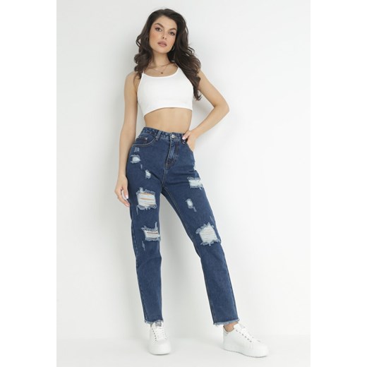 Granatowe Bawełniane Jeansy Mom Fit z Dziurami Lano XS okazja Born2be Odzież