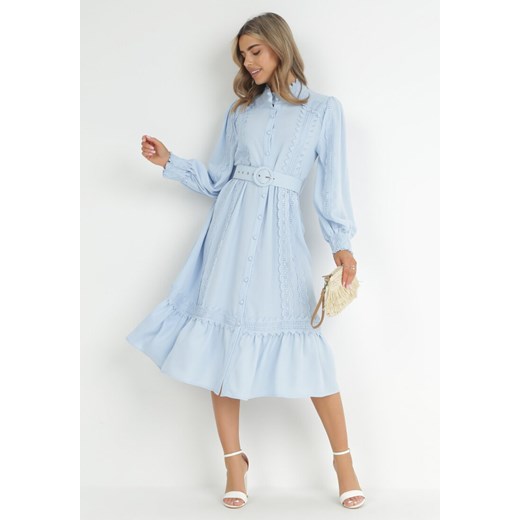 Niebieska Sukienka Koszulowa z Paskiem I Koronkowymi Wstawkami Nolenne ze sklepu Born2be Odzież w kategorii Sukienki - zdjęcie 149450926