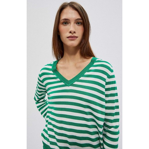 Sweter w biało zielone paski z dekoltem w serek, Kolor zielony-ecru, Rozmiar XS, M Primodo