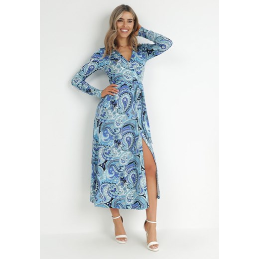 Niebieska Kopertowa Sukienka Maxi z Materiałowym Paskiem Jamiria ze sklepu Born2be Odzież w kategorii Sukienki - zdjęcie 150621246