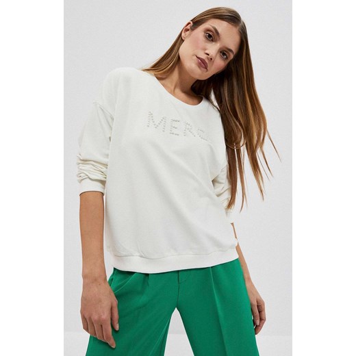 Luźna bluza w kolorze kremowym z ozdobnym napisem 4007, Kolor cream, Rozmiar XS, Moodo ze sklepu Primodo w kategorii Bluzy damskie - zdjęcie 150634115