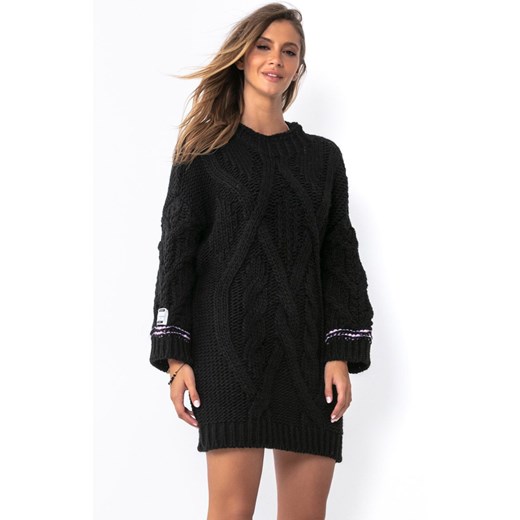 Długi sweter one size jak sukienka z wełną i alpaką w kolorze czarnym F1495, Fobya one size Primodo okazyjna cena