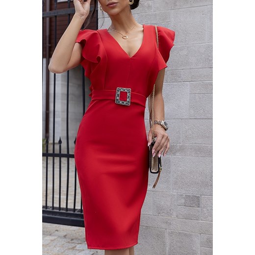 Sukienka IVET czerwona w serek midi z krótkim rękawem ołówkowa 