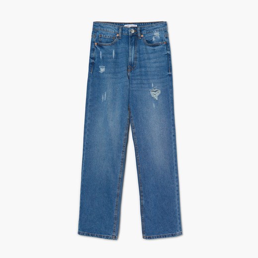 Cropp - Ciemnoniebieskie jeansy straight z postrzępieniami - Niebieski Cropp 32 Cropp