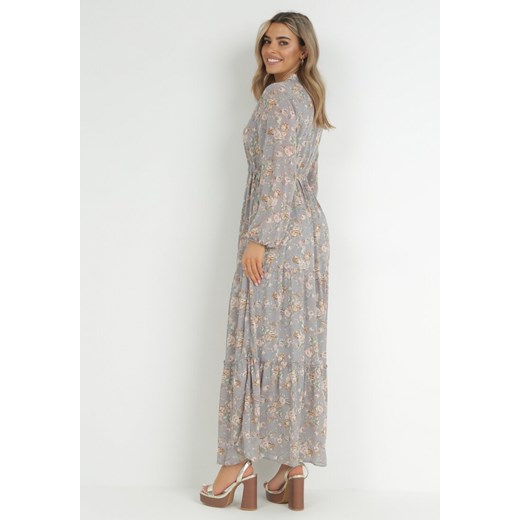 Szara Sukienka Maxi ze Sznurkiem w Talii i Falbaną na Dole Zailee L/XL wyprzedaż Born2be Odzież