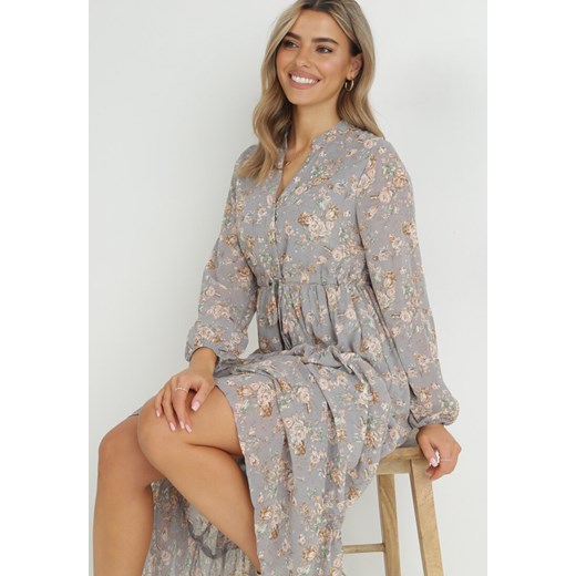 Szara Sukienka Maxi ze Sznurkiem w Talii i Falbaną na Dole Zailee XXL/XXXL wyprzedaż Born2be Odzież