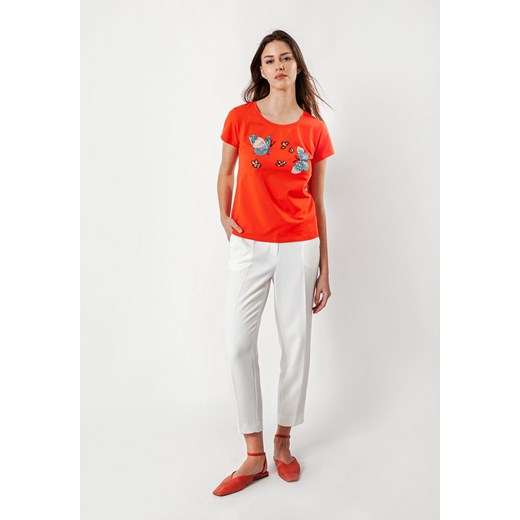 Pomarańczowy casualowy t-shirt z koralikami ze sklepu Molton w kategorii Bluzki damskie - zdjęcie 150923065