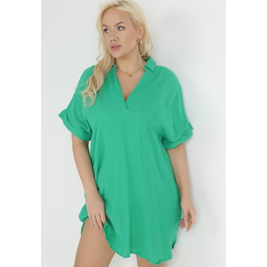 Zielona Bawełniana Sukienka Pudełkowa z Kołnierzykiem Aillia L promocyjna cena Born2be Odzież