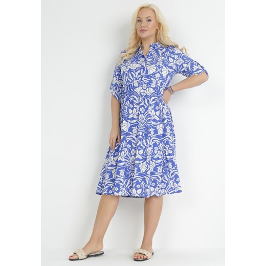 Niebieska Rozkloszowana Sukienka z Wiskozy w Kwiaty Areen 2XL promocja Born2be Odzież
